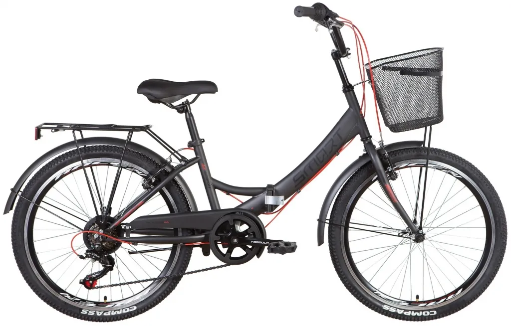 Велосипед 24" Formula SMART Vbr с трещоткой (2022) темно-серый с красным (м) с багажником, крыльями и корзиной