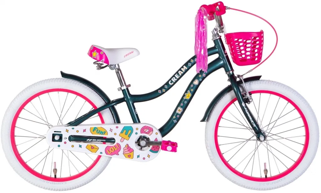 Велосипед 20" Formula CREAM з крилами та кошиком (2022) зелений з рожевим