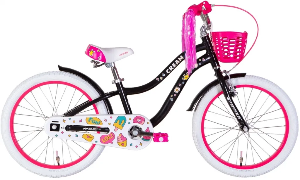 Велосипед 20" Formula CREAM з крилами та кошиком (2022) чорний з рожевим