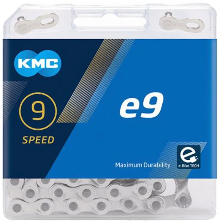 Цепь KMC e9 9-speed 122 links silver + замок (для электровелосипедов)