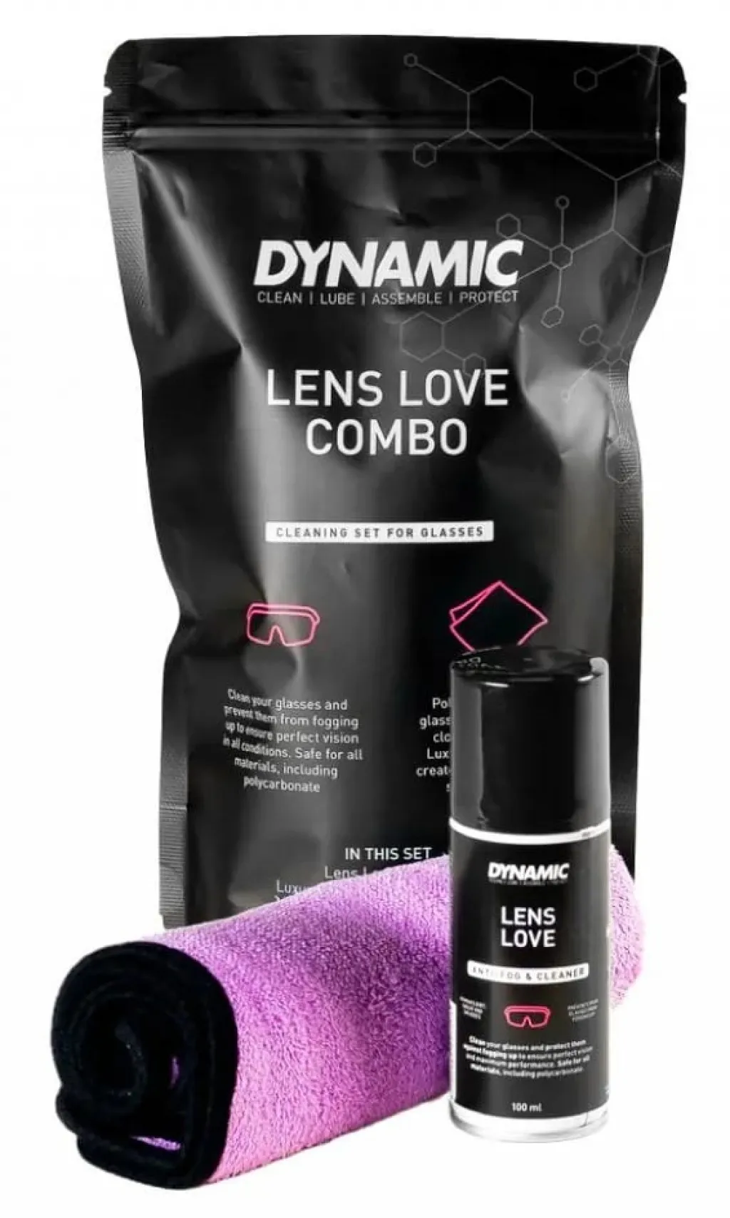 Очиститель и защита очков от запотевания Dynamic Lens Love, аероз/100мл +салфетка Luxury Microfibre