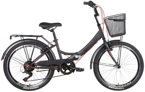 Велосипед 24 Formula SMART Vbr с трещоткой (2022) темно-серый с красным (м) с багажником, крыльями и корзиной
