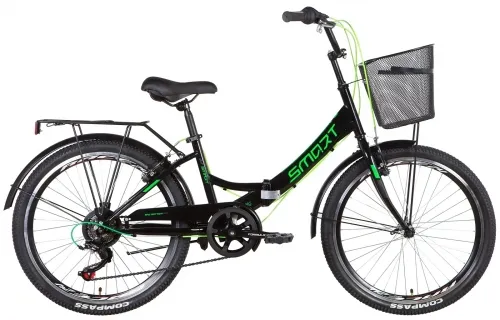 Велосипед 24 Formula SMART Vbr с трещоткой (2022) черно-зеленый с багажником, крыльями и корзиной