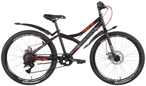 Велосипед 24 Discovery FLINT DD (2022) черно-серо-красный (м) с крыльями