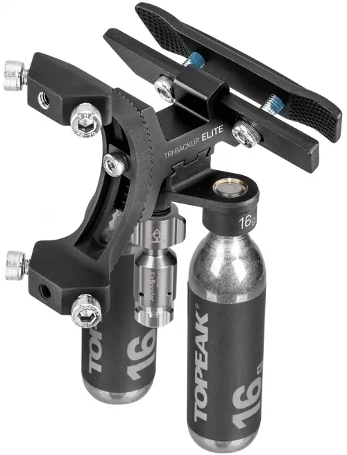 Кріплення Topeak Tri-BackUp ELITE, AL rear hydration multi mount on saddle V rail section, multi angle adjustment, including one Micro AirBooster & 2pcs 16g CO2 cartridges, for saddles with angled rear rails