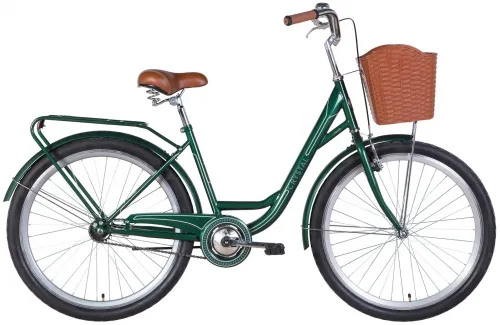 Велосипед 26 Dorozhnik CRYSTAL (2022) темно-зеленый с серым, с багажником, крыльями и корзиной